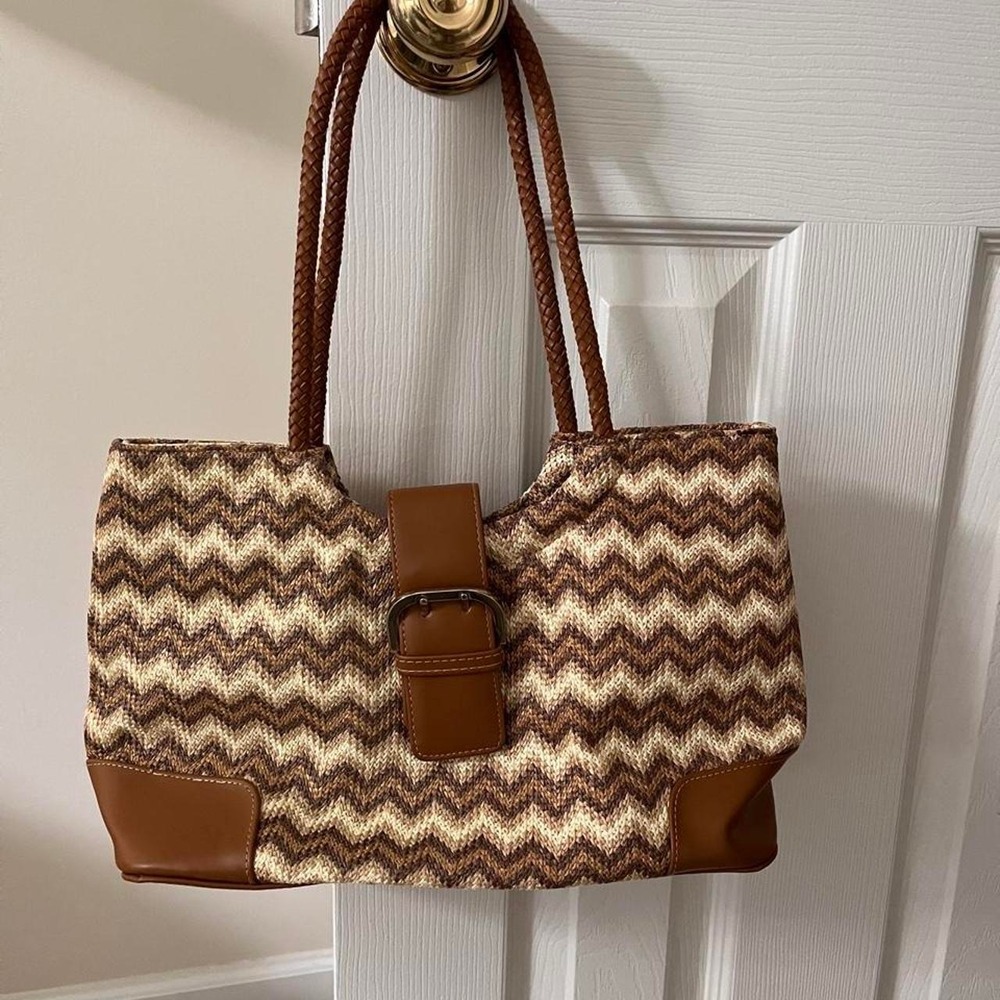 Vintage YK Mission-esq Brown Tan Chevron Shoulder Bag.